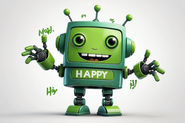 Un robot de dibujos animados con una cara verde y una palabra feliz en él