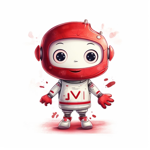 robot de dibujos animados con casco rojo y guantes rojos de pie frente a un fondo blanco generativo ai