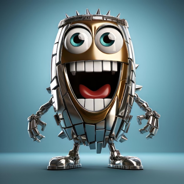 Robot de dibujos animados con dientes afilados en fondo azul ilustración 3D