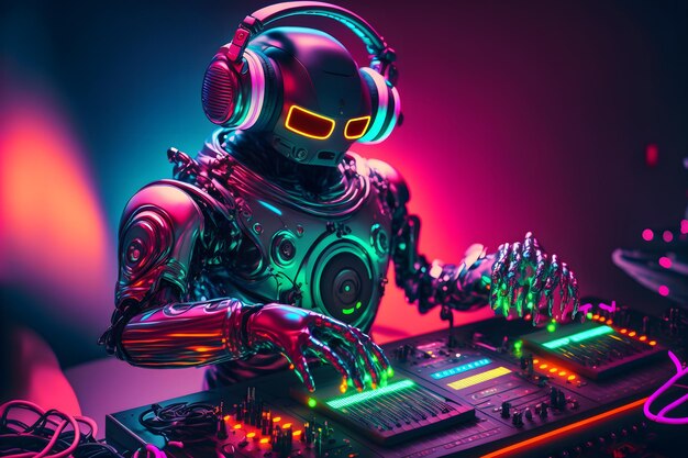 Robot disc jockey en el mezclador de dj y el tocadiscos toca la discoteca durante la fiesta Concepto de fiesta de entretenimiento EDM Arte generado por red neuronal