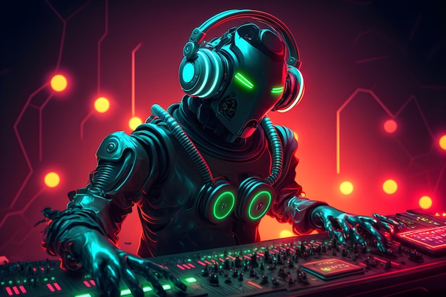 Robot disc jockey en el mezclador de dj y el tocadiscos toca la discoteca durante la fiesta Concepto de fiesta de entretenimiento EDM Arte generado por red neuronal