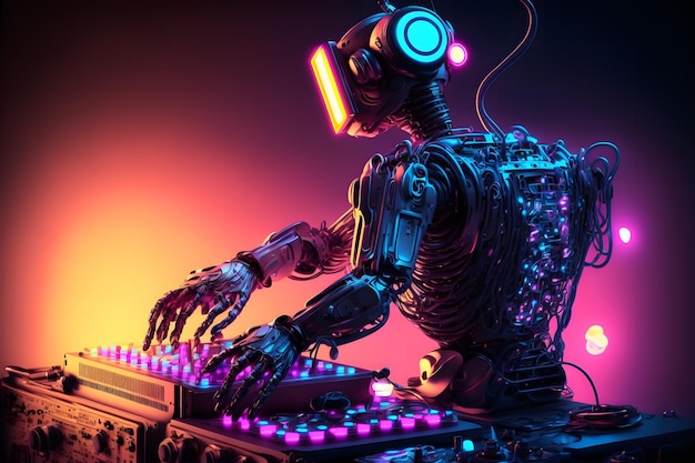 Robot disc jockey en el mezclador de dj y el tocadiscos toca discoteca durante la fiesta de entretenimiento edm