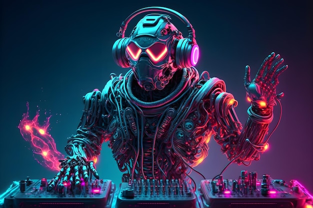 Robot-Discjockey am DJ-Mixer und Plattenspieler spielt Nachtclub während der Party EDM Unterhaltung Party-Konzept Neuralnetzwerk generierte Kunst