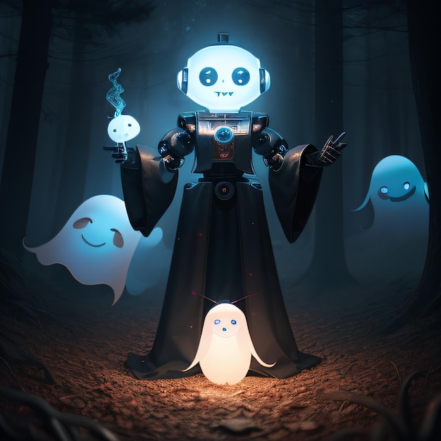 Foto un robot en un disfraz de fantasma de pie en un bosque con cabezas de fantasmas y luces brillantes detrás de él y un