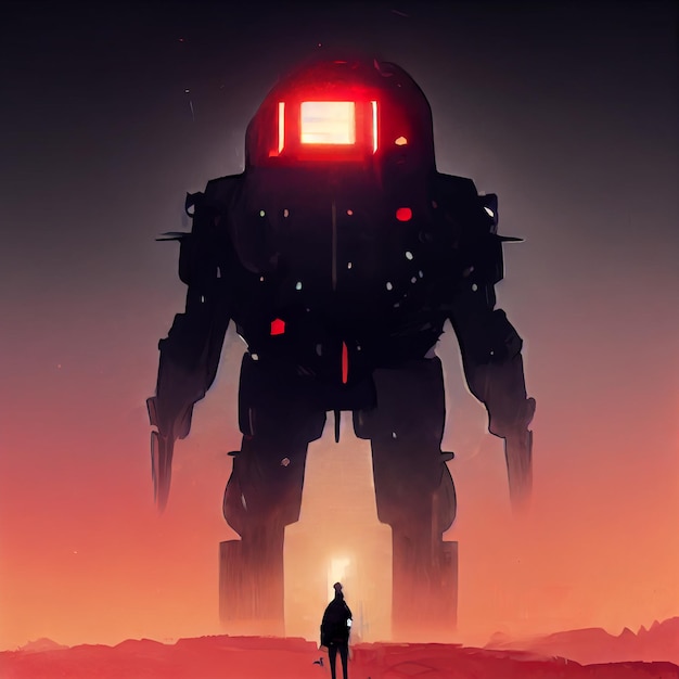 Foto robot droid cyborg soldier na cidade nebulosa do ferro-velho scifi