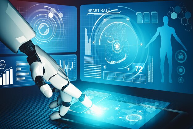 El robot droide de inteligencia artificial médica Mlp trabaja en el hospital del futuro