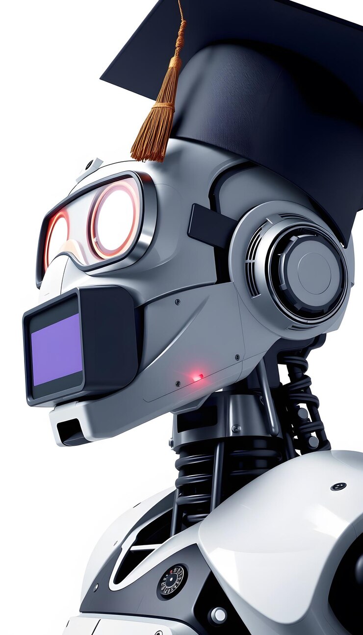 Foto robot con educación casco aislado con resaltos blancos