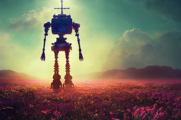 El robot se encuentra en un campo verde de flores bajo un cielo azul con nubes ilustración 3d