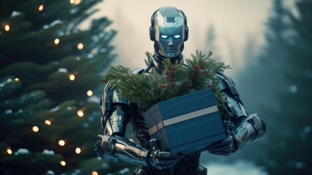 Un robot entrega una caja de decoraciones navideñas Las últimas tecnologías en el campo de la entrega