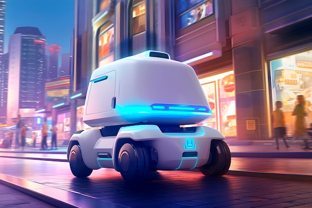 Foto el robot de entrega está conduciendo por la calle de la ciudad el concepto de entrega autónoma de la última milla generado por la ia