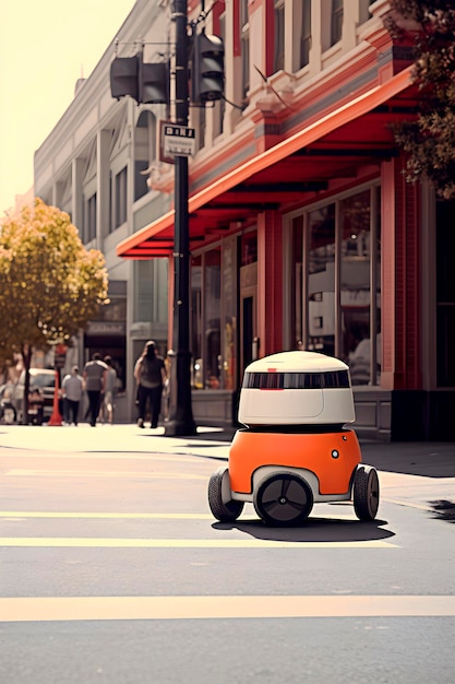 Foto el robot de entrega está conduciendo por la calle de la ciudad el concepto de entrega autónoma de la última milla generado por la ia