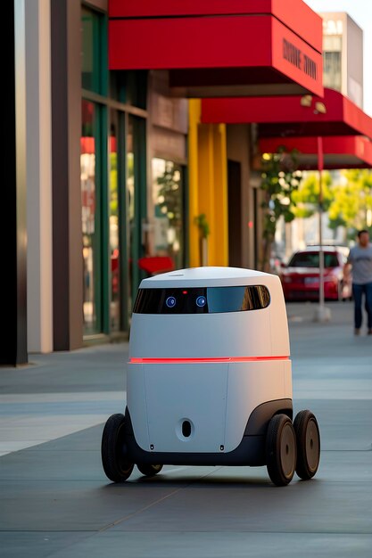 El robot de entrega está conduciendo por la calle de la ciudad El concepto de entrega autónoma de la última milla generado por la IA