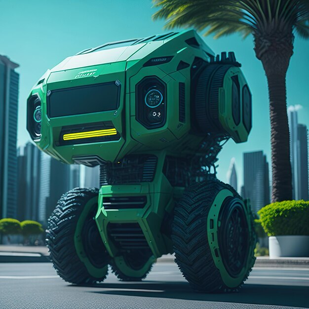 Un robot de entrega verde moderno con la ciudad en el fondo IA generativa