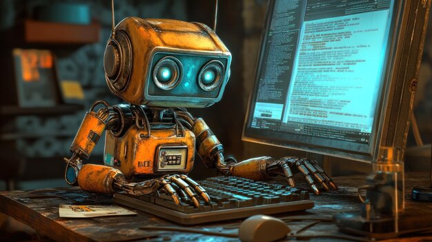 Robot escribiendo en una computadora en un entorno tecnológico