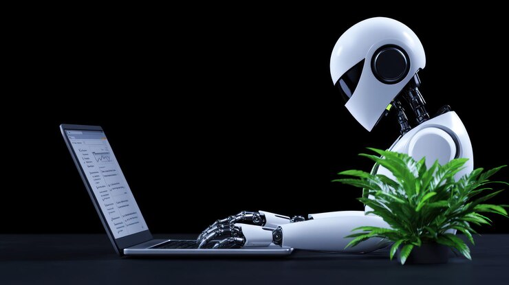 Foto un robot escribiendo en una computadora portátil al lado de una planta en un entorno oscuro