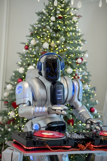 Robot escuchando música de pie junto a la mesa de dj