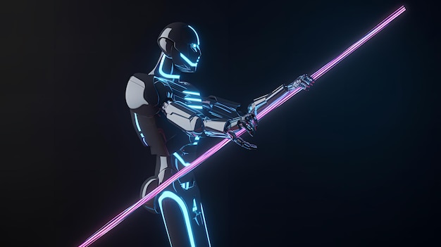 Un robot con una espada en la mano sostiene una espada.