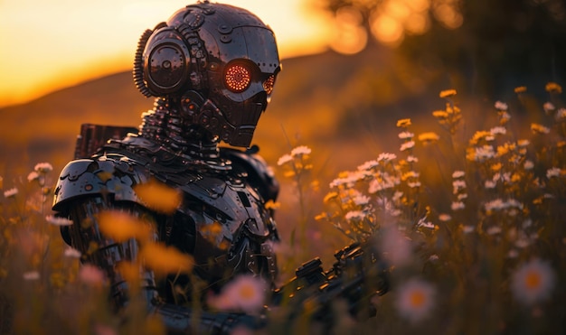 El robot está en el campo claro Concepción del futurismo IA generativa