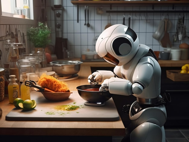 Un robot está cocinando en una cocina.