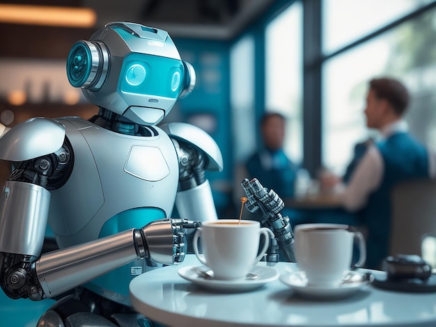 El robot está disfrutando de una taza de café.