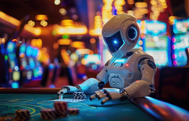 Un robot está jugando al póquer en un casino. El robot lleva un traje blanco y tiene una expresión seria.