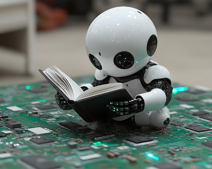 Foto un robot está leyendo un libro atentamente cada letra que ve parece ser absorbida por su procesador empujándolo más allá de los límites y convirtiéndose en una ia con inteligencia cada vez más cercana a los humanos