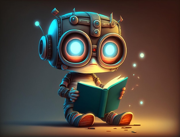 Un robot está leyendo un libro con un libro azul en sus manos.