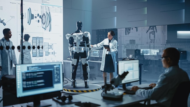 Un robot está parado frente a una pantalla de computadora que dice 'robot'