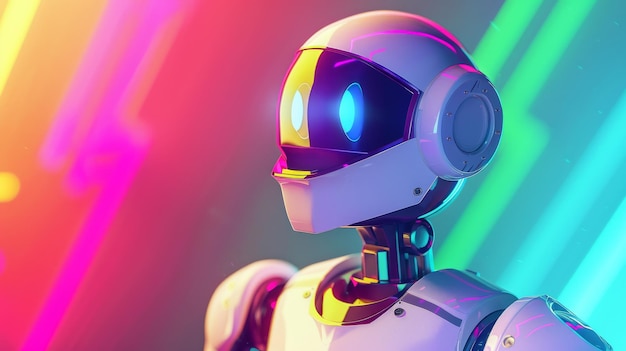 Un robot está de pie frente a un fondo colorido vibrante que muestra un contraste de tecnología y arte