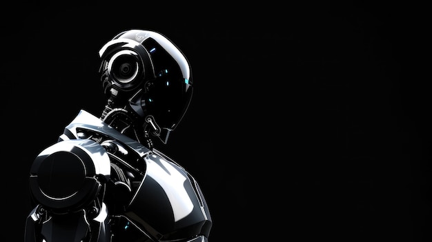 Un robot está de pie frente a un fondo negro