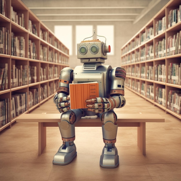 Un robot está sentado en un banco de una biblioteca leyendo un libro.