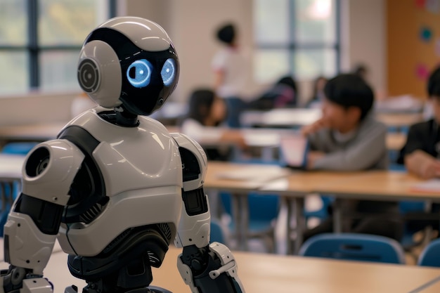 Un robot está sentado en un escritorio en un aula