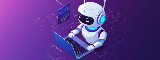 Un robot está sentado frente a una computadora portátil Concepto de tecnología y automatización