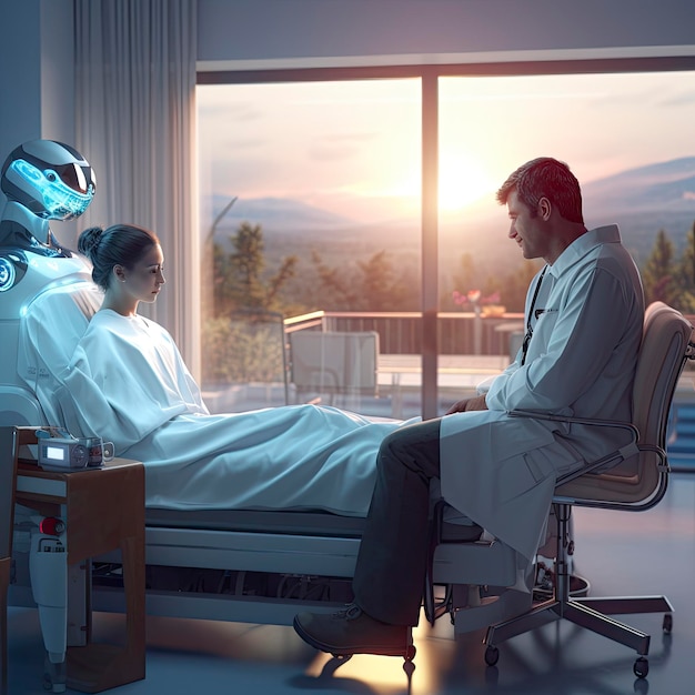 Un robot está siendo tratado por una mujer en una cama de hospital.