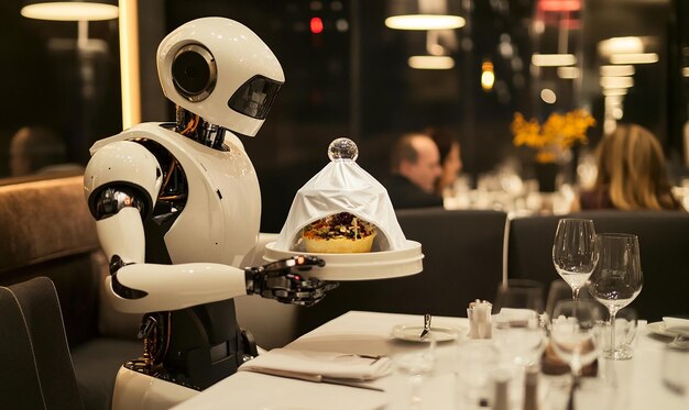 un robot está sosteniendo una bandeja de comida con un plato de comida en ella