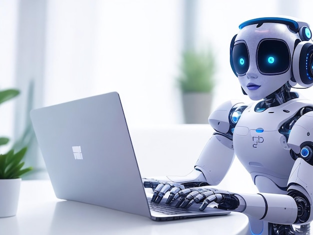 Robot está usando el chatbot de la computadora portátil