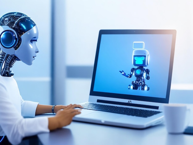 Robot está usando el chatbot de la computadora portátil