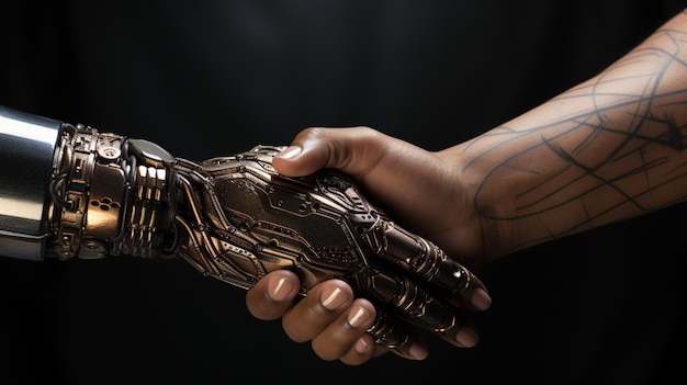 Un robot estrechando la mano con un hombre en primer plano