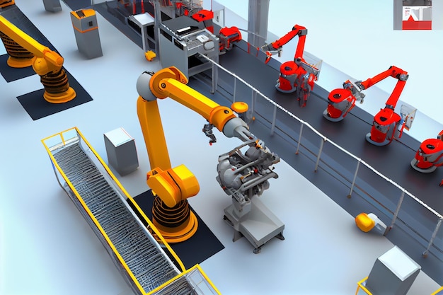 Robot Factory 3D Concept Automated Robot Arm Assembly Linegenerative ai