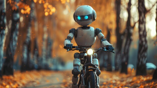 Un robot feliz disfruta de un paseo en bicicleta en medio del follaje de otoño en un callejón pintoresco