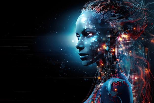 Robot femenino en un ciberespacio futurista Fondo tecnológico con espacio de copia Imagen generativa AI
