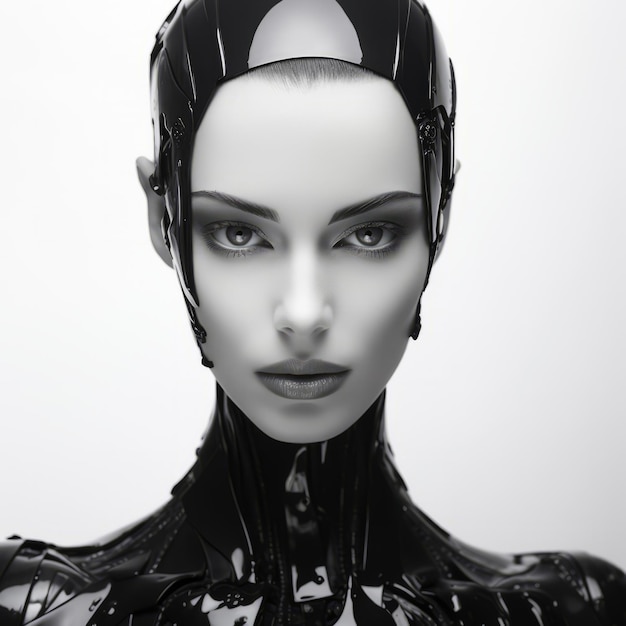 Robot femenino en concepto de moda futurista de ciencia ficción vistiendo cuero negro sobre fondo blanco