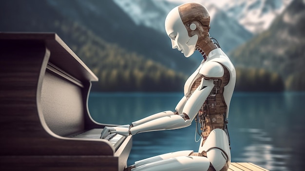 Robot femenino futurista tocando el piano en el fondo de un paisaje montañoso