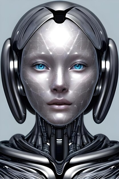 Un robot femenino con ojos azules.