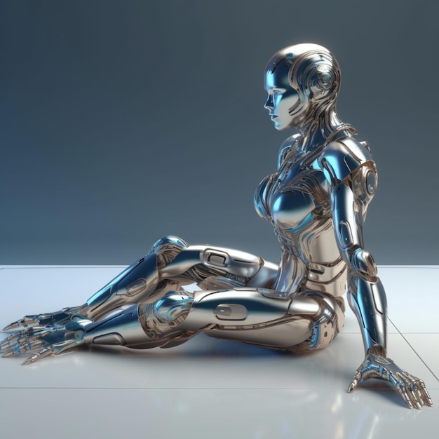 Un robot femenino sentado en el suelo con las piernas cruzadas.