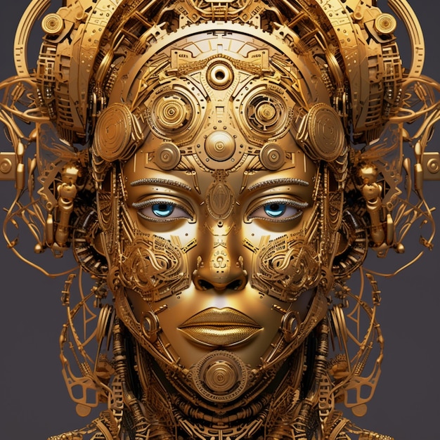 Robot feminino futurista cyborg dourado renderização de imagens AI Arte gerada