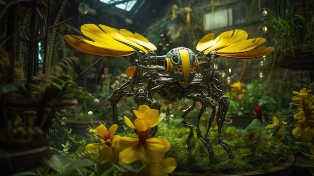 un robot con una flor amarilla en la cabeza vuela por la jungla.