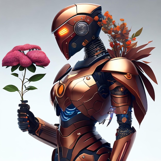 Un robot con una flor en la mano.