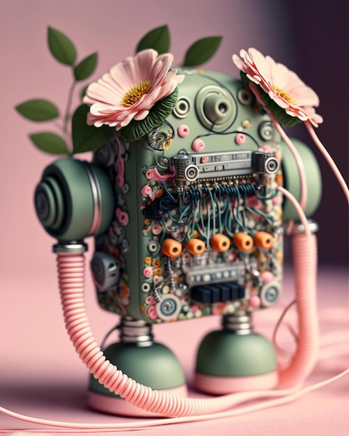 Un robot con flores y un fondo rosa.