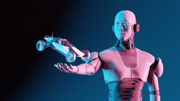un robot con un fondo rojo y azul y las palabras robot en la parte de atrás